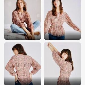 Madewell Kaleidoscope Drawstring Blouse Pink Purple Lined Button Down‎ Blouse Sz